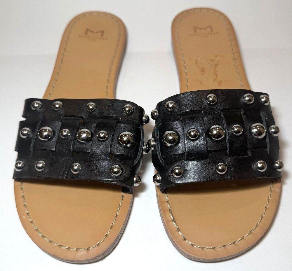 Marc Fisher LTD Pacca Sandals Women’s 7M Black Leather Studded Woven Slides